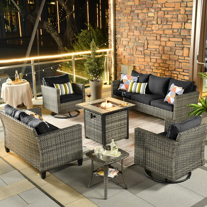 Lovall Rattan Wicker 7 - Person Seating Group with Fire Pit and Cushions