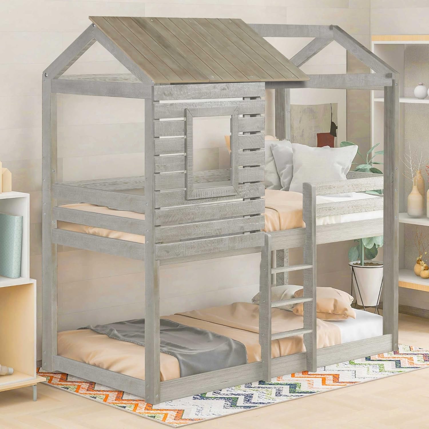 House Bunk Beds, Twin over Twin Bunk Bed Frame Low Bunk Bed for Kids Toddlers Boys Girls, Antique Gray