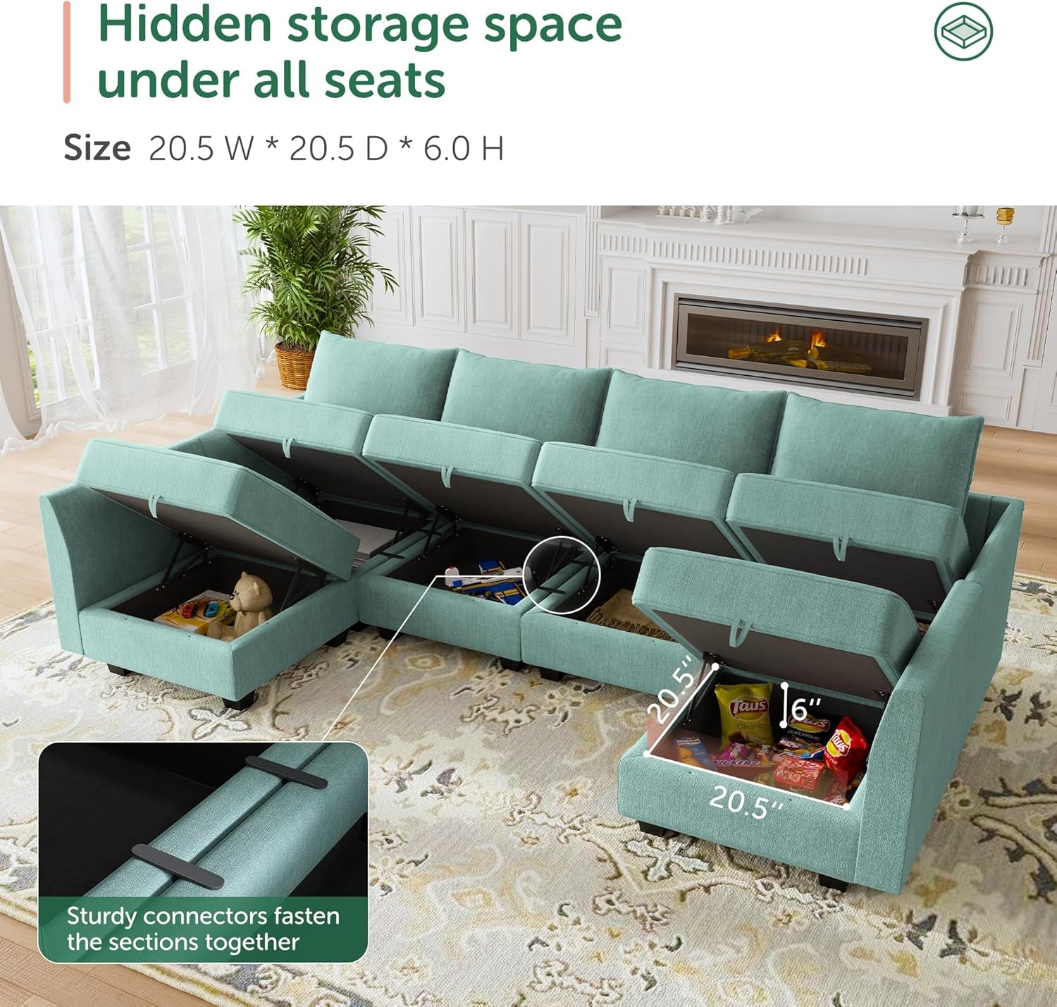 Convertible Modular Sectional Sofa U Shaped Modular Couch with Reversible Chaise Modular Sectional Couch with Storage, Aqua Blue