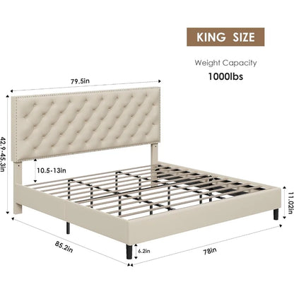 Bed Frame, Modern Upholstered Platform Bed with Adjustable Headboard, Heavy Duty Button Tufted Bed Frame with Wood Slat Support