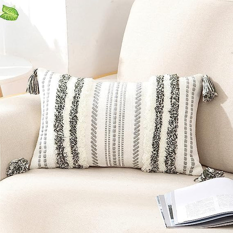 Decorative Boho Throw Pillow Cover 12X20, Lumbar Accent Neutral Tufted Pillow Cover for Couch Bed Sofa, Textured Striped Woven Pillow Cover, Green and Cream White, Pack of 1