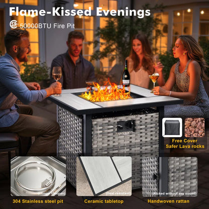 Lovall Rattan Wicker 7 - Person Seating Group with Fire Pit and Cushions