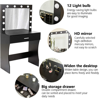 Vanity Desk, Makeup Vanity with Mirror and Lights, Adjustable Brightness and Sturdy Wood Vanity Large Drawer, 31.5In, Black