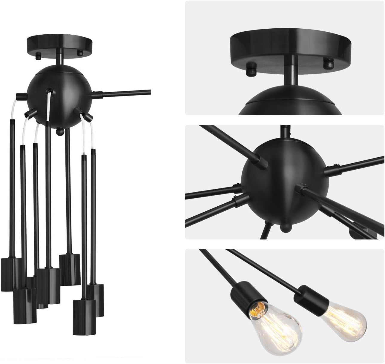 Sputnik Chandelier 8 Lights Semi Flush Mount Ceiling Light Modern Pendant Light Fixture, Black, Bedroom Dining Room Kitchen Living Room