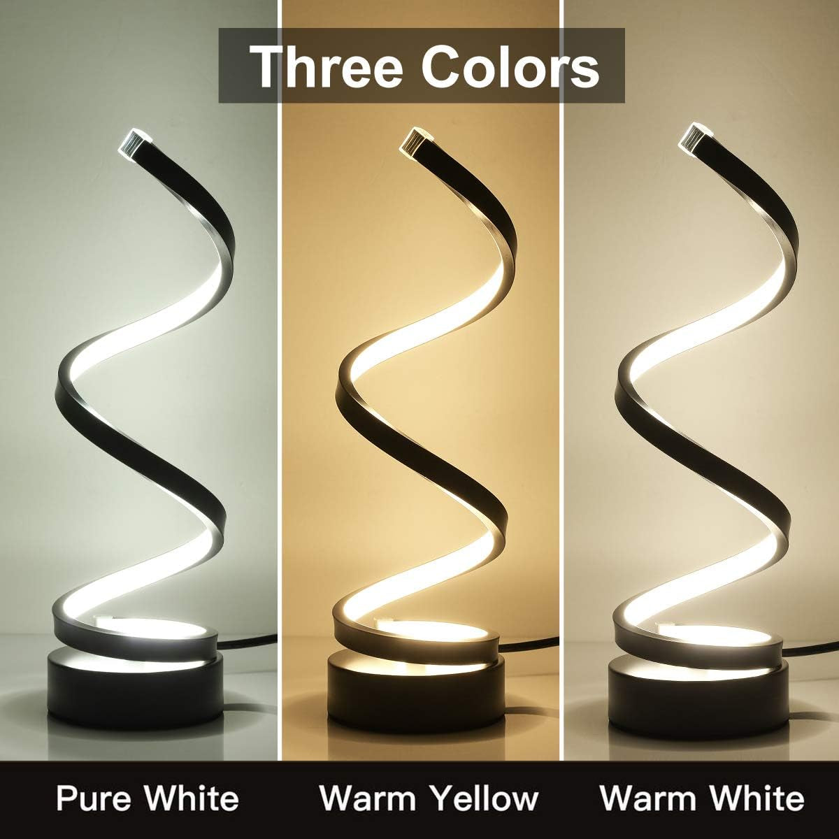 Spiral LED Table Lamps, Modern Minimalist Lighting Design, 24W Multiple Color Temperature LED Desk Lamps, for Bedroom, Living Room, Office, Nightstand, Bookshelf,Black