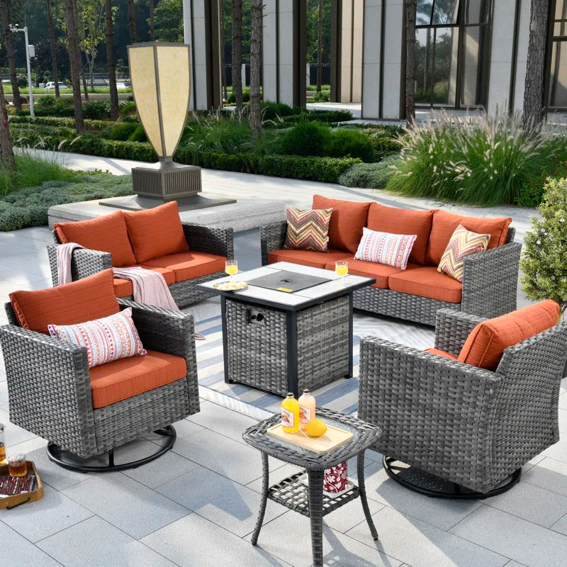 Lovall Rattan Wicker 7 - Person Seating Group with Fire Pit and Cushions