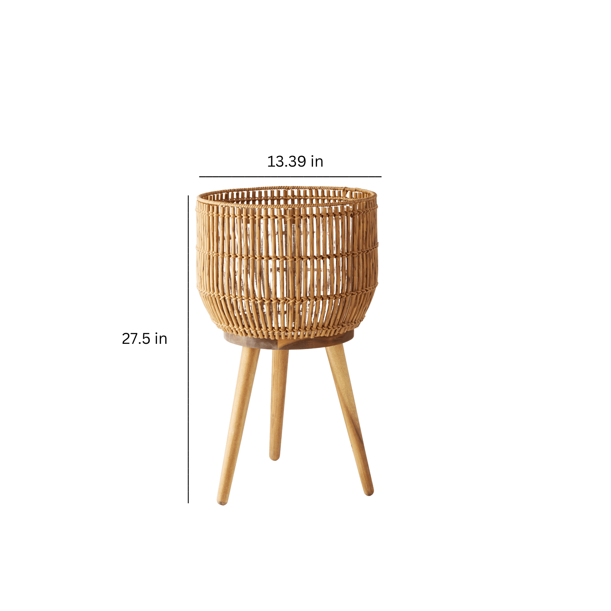 13 Inch round Brown Resin Rattan Planter & Stand with Acacia Wood Legs