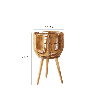 13 Inch round Brown Resin Rattan Planter & Stand with Acacia Wood Legs