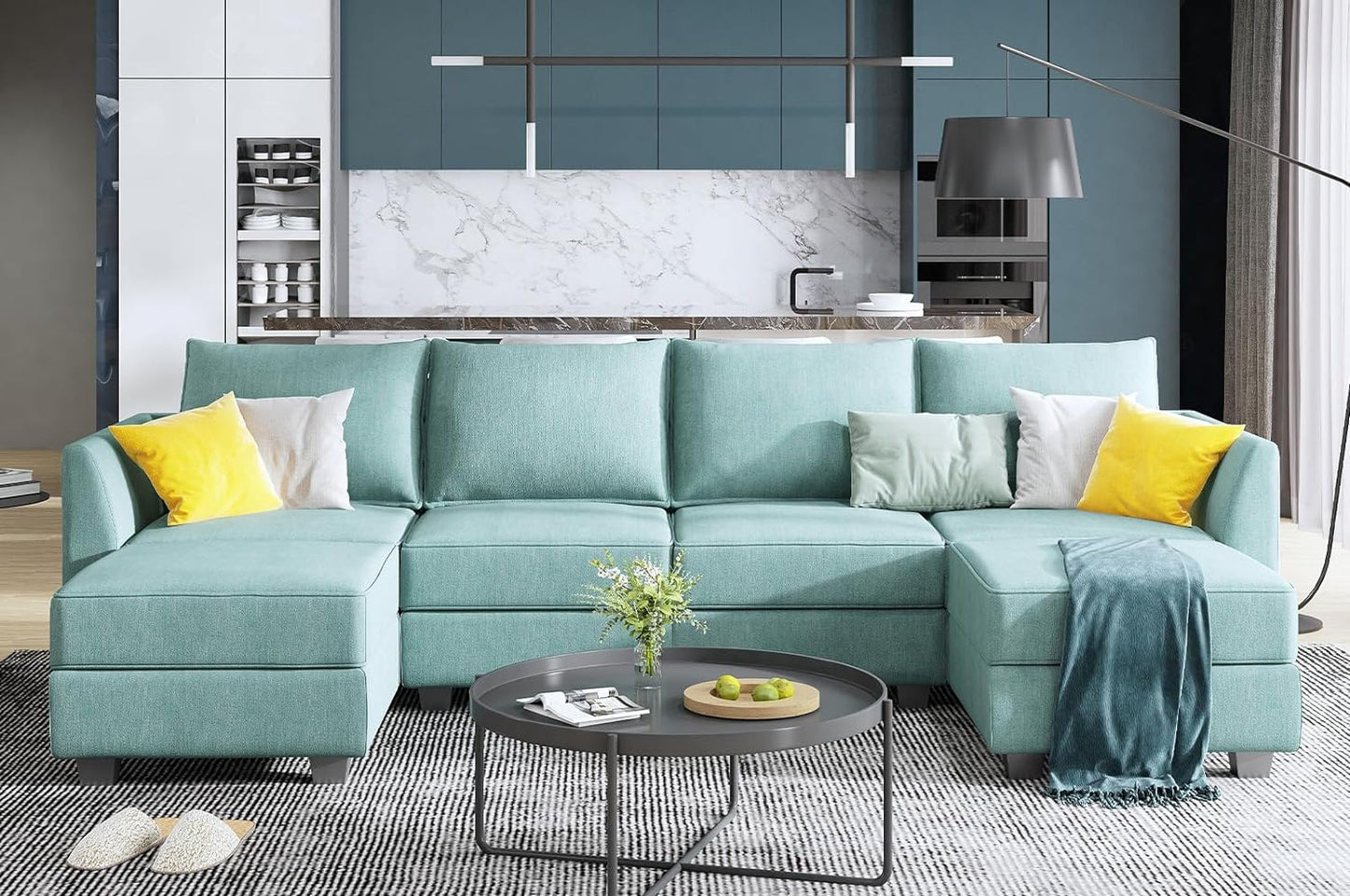 Convertible Modular Sectional Sofa U Shaped Modular Couch with Reversible Chaise Modular Sectional Couch with Storage, Aqua Blue