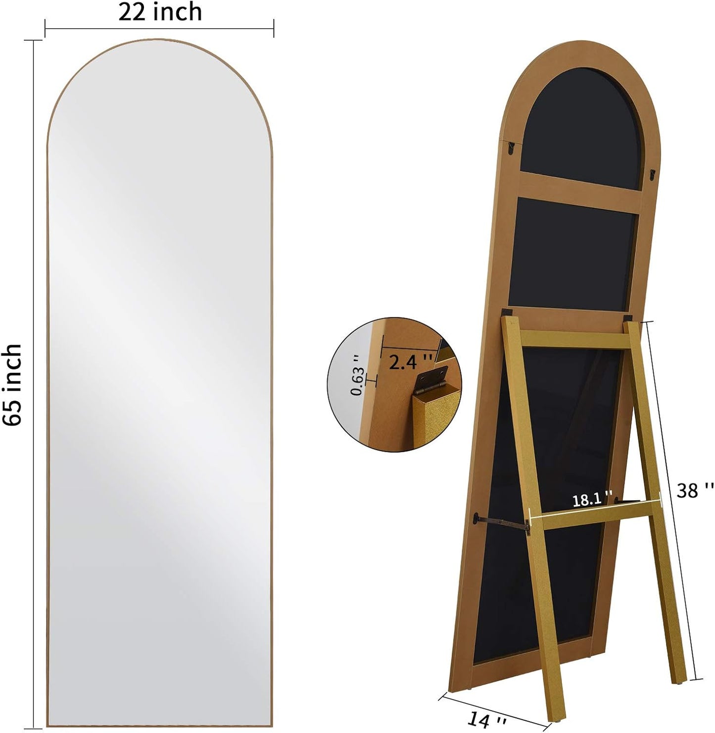 Arched Full Length Mirror 64"X21" Sleek Arched-Top Floor Mirror Full Length Standing Leaning or Hanging Wall Mounted Dressing Mirror for Home, Gold