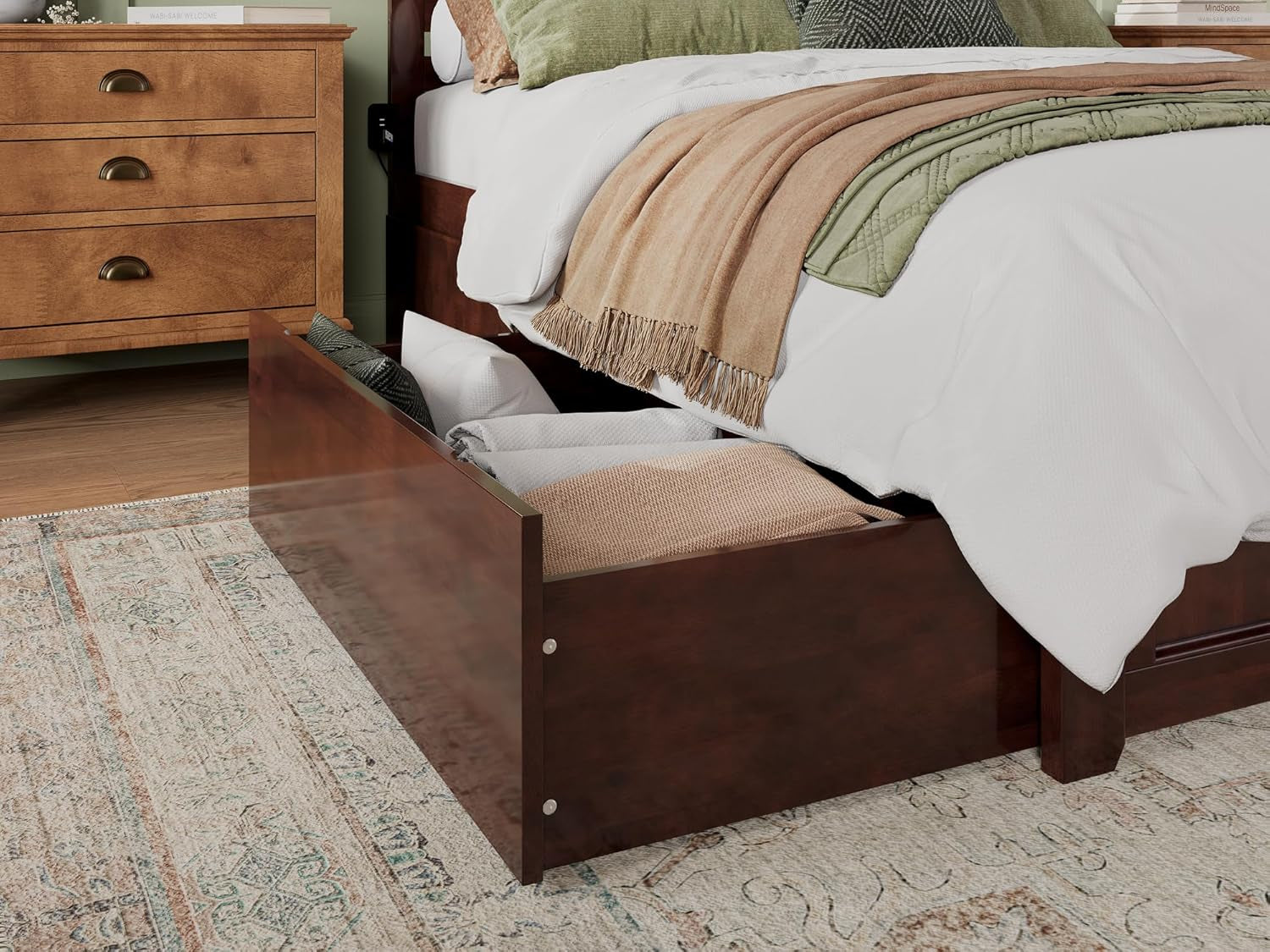 Atlantic Furniture AR8646114 Madison Platform Bed with Matching Foot Board and 2 Urban Bed Drawers, Queen, Walnut