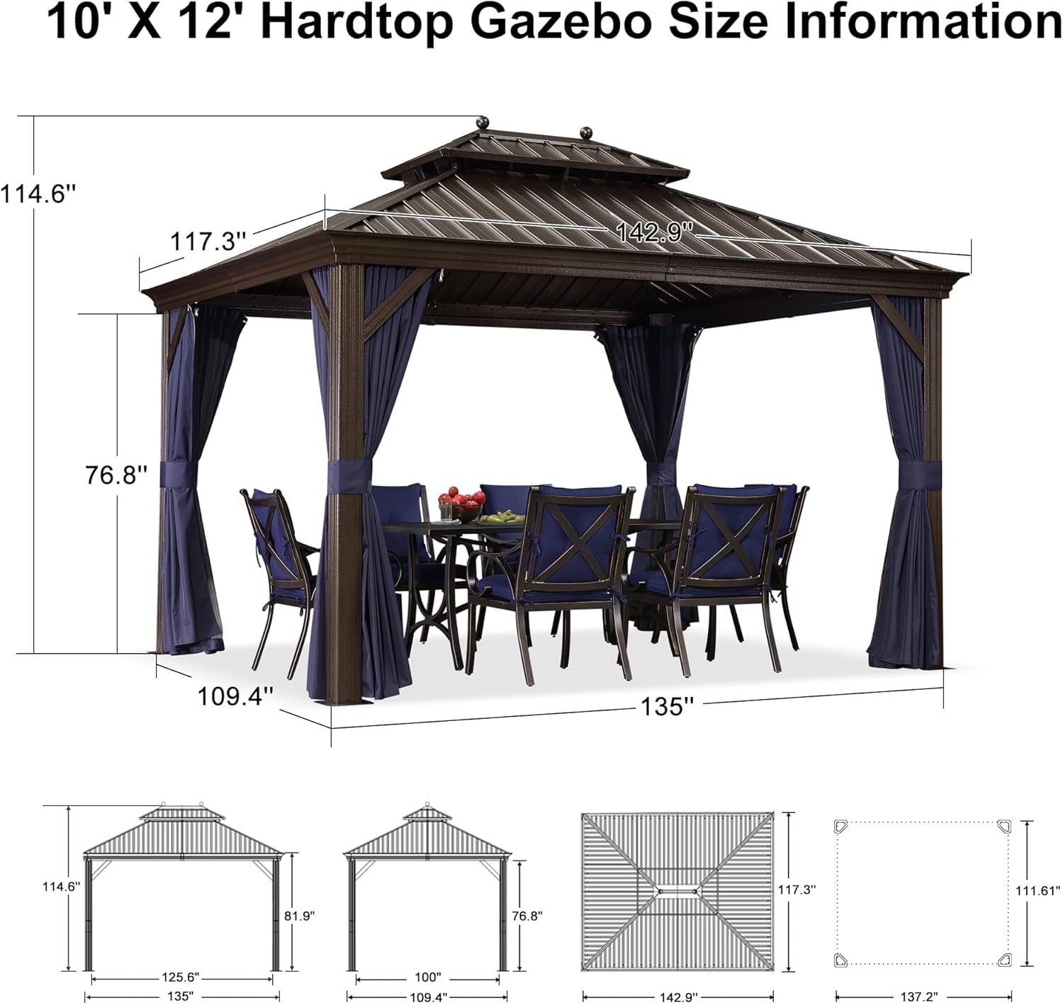 10' X 12' Hardtop Gazebo Outdoor Metal Roof Sun Shade Tent with Curtains and Netting Patio Canopy Permanent Pavilion