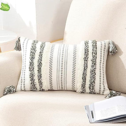 Decorative Boho Throw Pillow Cover 12X20, Lumbar Accent Neutral Tufted Pillow Cover for Couch Bed Sofa, Textured Striped Woven Pillow Cover, Green and Cream White, Pack of 1