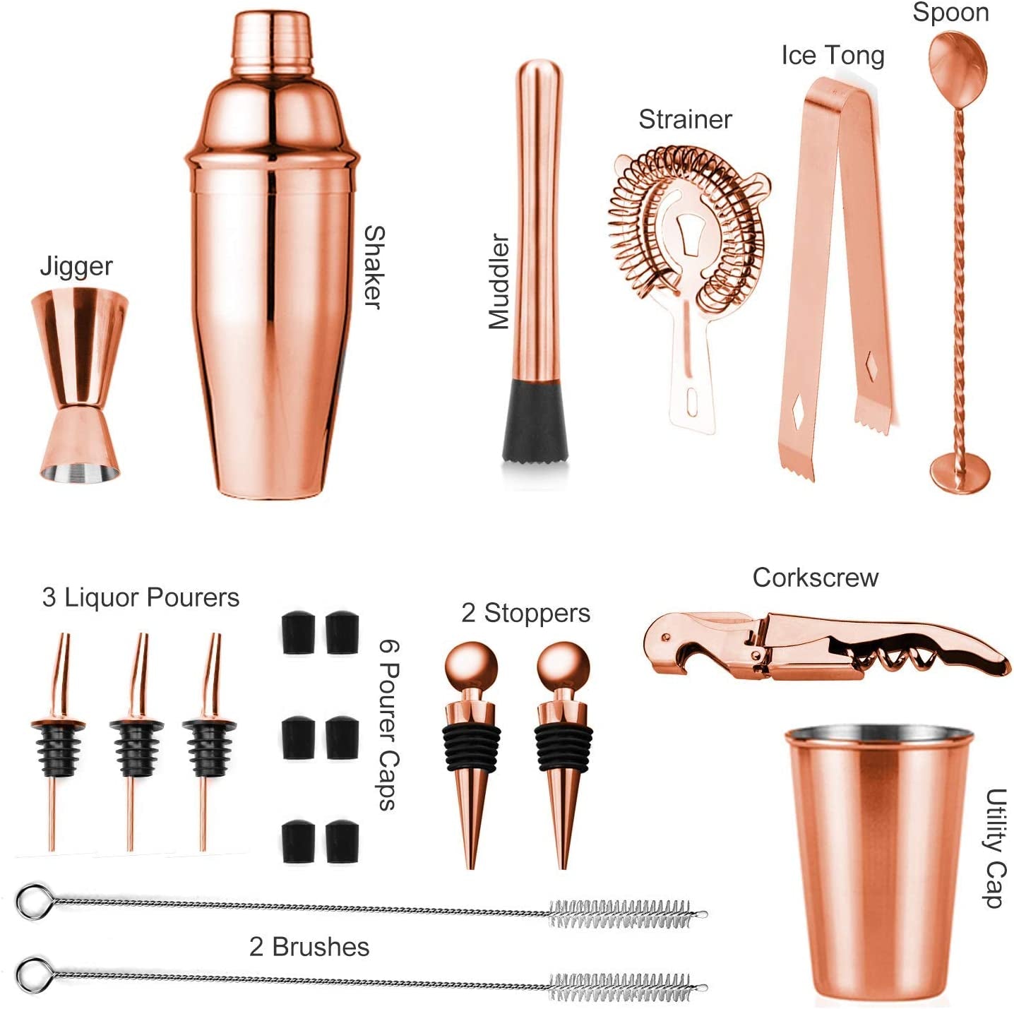 Rose Copper 24-Piece Cocktail Shaker Set,Perfect Home Bartending Kit for Drink Mixing,Stainless Steel Bar Tools with Stand,Velvet Carry Bag & Recipes Included