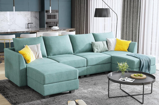 Convertible Modular Sectional Sofa U Shaped Modular Couch with Reversible Chaise Modular Sectional Couch with Storage, Aqua Blue