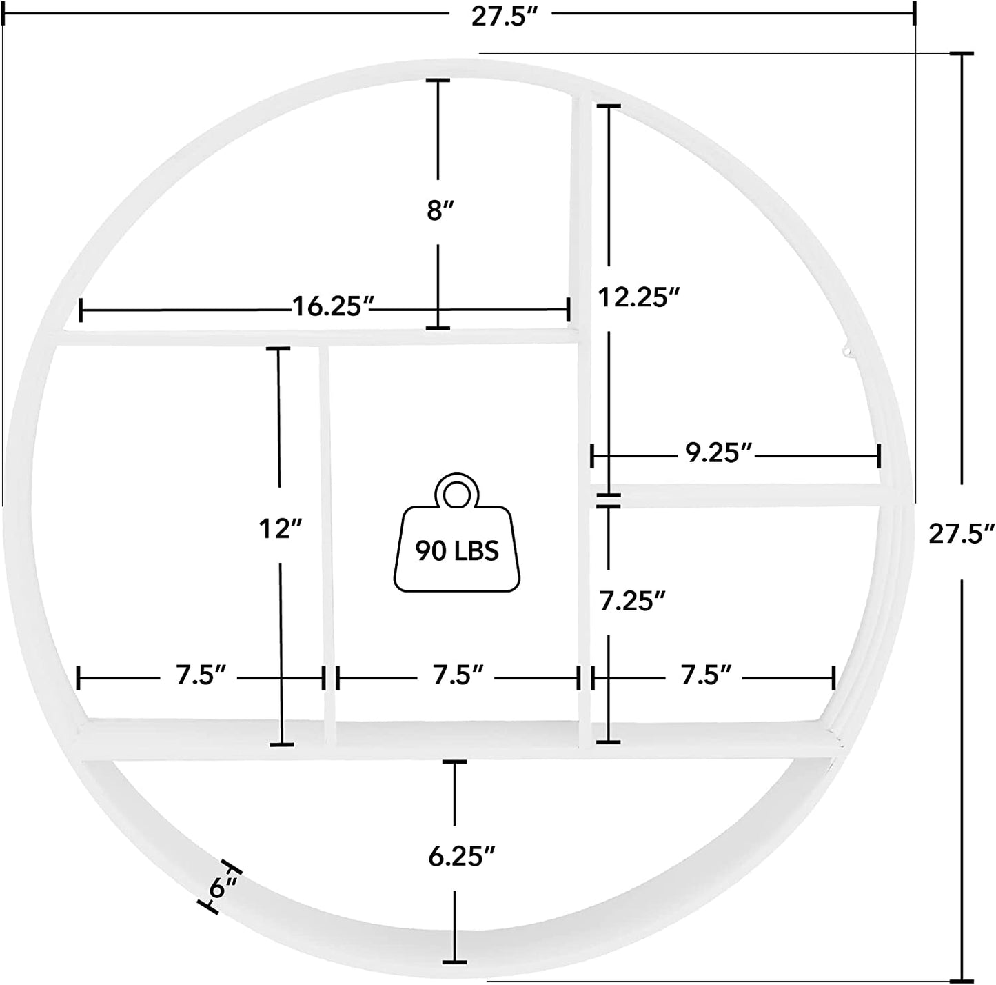 White Brody Wall Shelf, round 3 Tier Wall Mounted Floating Shelf for Bathroom, Bedroom, Living Room Decor, Metal, Industrial, 27.5 Inches