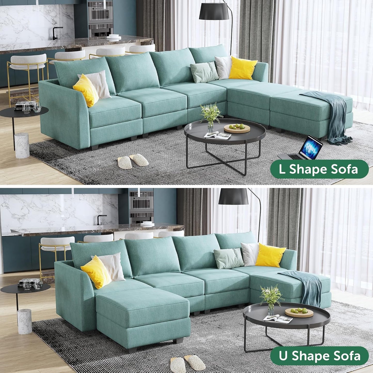 Convertible Modular Sectional Sofa U Shaped Modular Couch with Reversible Chaise Modular Sectional Couch with Storage, Aqua Blue