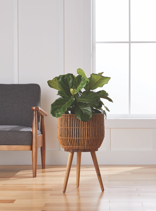 13 Inch round Brown Resin Rattan Planter & Stand with Acacia Wood Legs