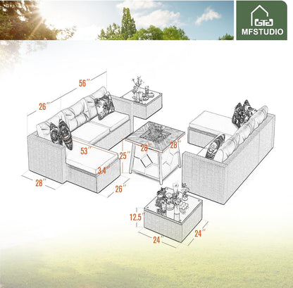 Outdoor Patio Furniture Set,7 Pieces Outdoor Wicker PE Rattan Sectional Sofa Conversation Set with 28" Gas Propane Fire Pit Table,Cushions & Glass Table-Beige