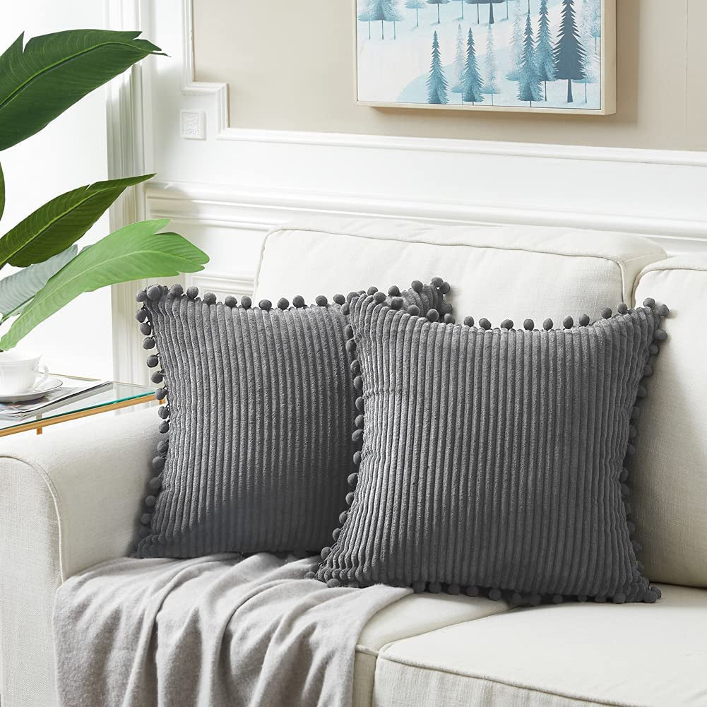 Dark Gray Decorative Throw Pillow Covers 18X18 Inch with Pom Poms, Boho Farmhouse Home Decor, Soft Corduroy Accent Square Cushion Case for Living Room Couch Bed Sofa 45X45 Cm