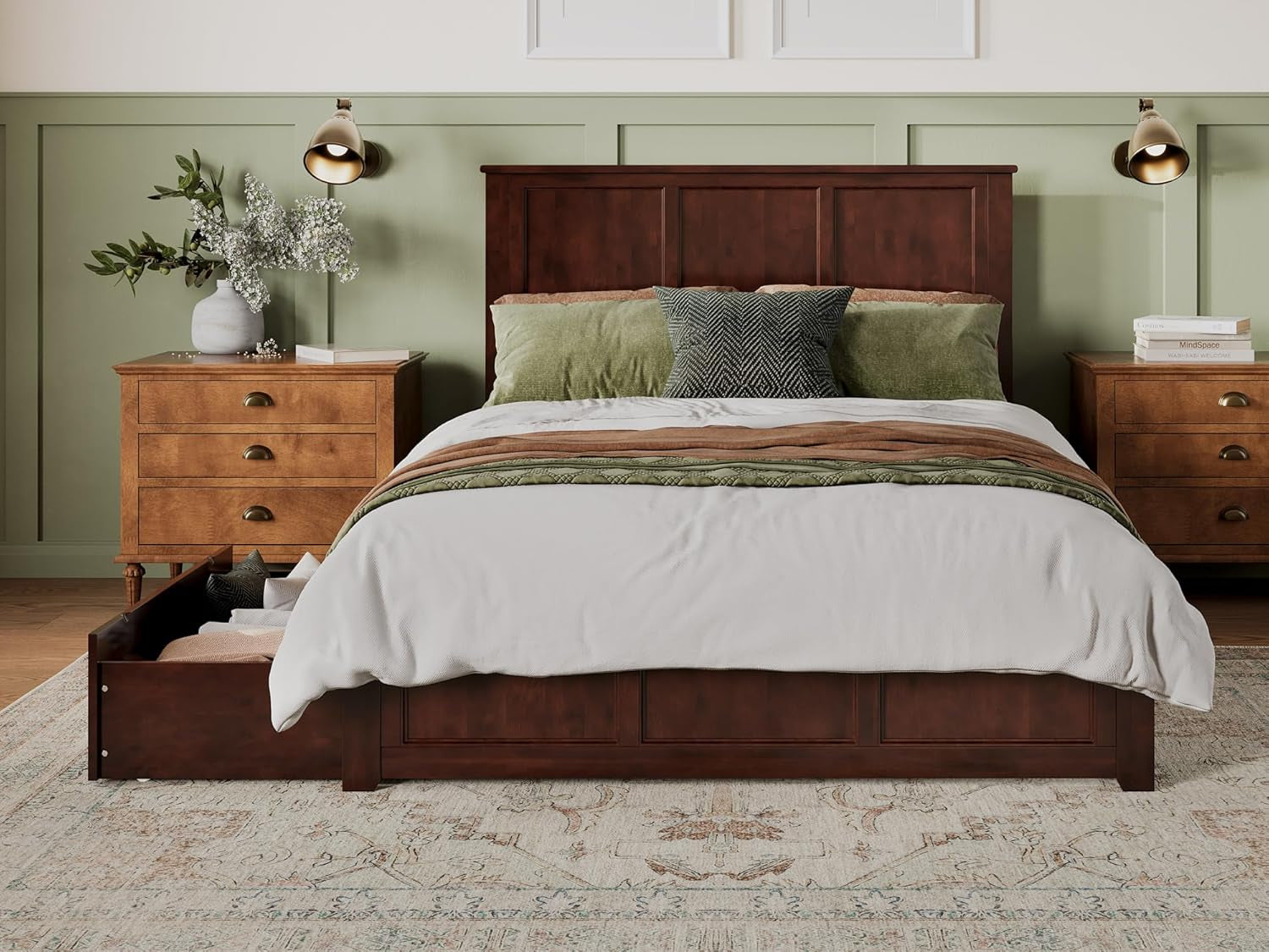 Atlantic Furniture AR8646114 Madison Platform Bed with Matching Foot Board and 2 Urban Bed Drawers, Queen, Walnut