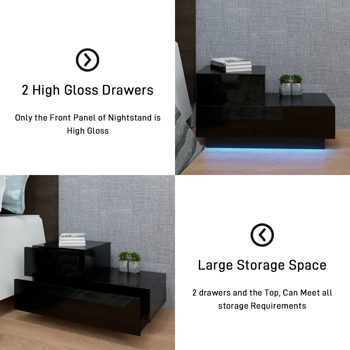 2 Drawers Nightstand W/RGB 20 LED Light Mode, Modern Home Furniture Decor - High Gloss White Black