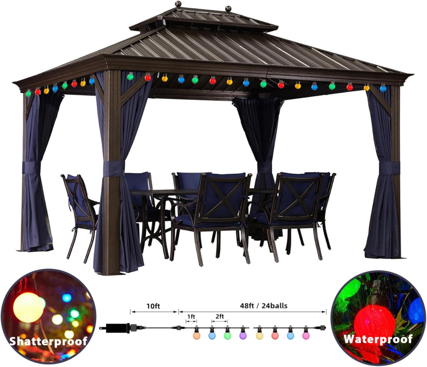 10' X 12' Hardtop Gazebo Outdoor Metal Roof Sun Shade Tent with Curtains and Netting Patio Canopy Permanent Pavilion