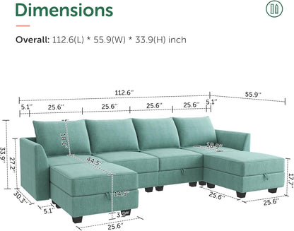 Convertible Modular Sectional Sofa U Shaped Modular Couch with Reversible Chaise Modular Sectional Couch with Storage, Aqua Blue