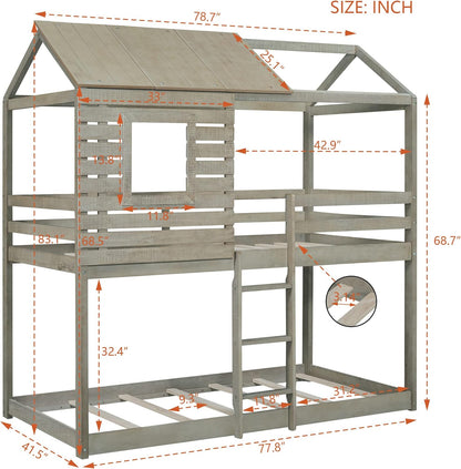 House Bunk Beds, Twin over Twin Bunk Bed Frame Low Bunk Bed for Kids Toddlers Boys Girls, Antique Gray