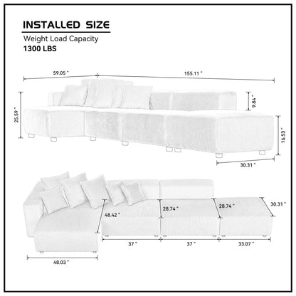 155" Sectional Modular Sofa, Modern L-Shaped Corduroy Upholstered Deep Seat Corner Sofa 4-Piece Set with Reversible Chaise, Minimalist Style Couch for Living Room, Apartment, Office, Beige