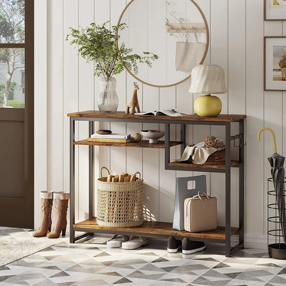 Narrow Console Table Buffet Sideboard Side Desk Entryway Table with 4 Storage Shelves & 2 Hooks, Rustic