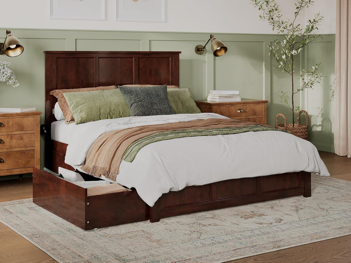 Atlantic Furniture AR8646114 Madison Platform Bed with Matching Foot Board and 2 Urban Bed Drawers, Queen, Walnut