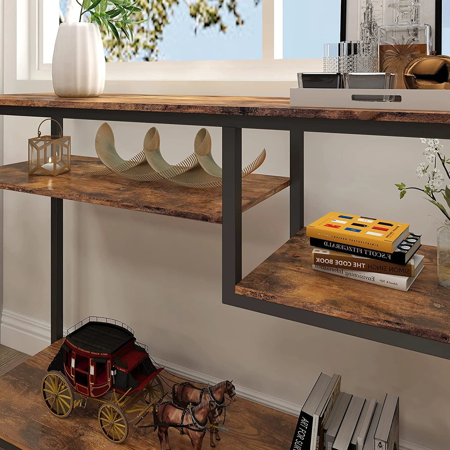 Narrow Console Table Buffet Sideboard Side Desk Entryway Table with 4 Storage Shelves & 2 Hooks, Rustic